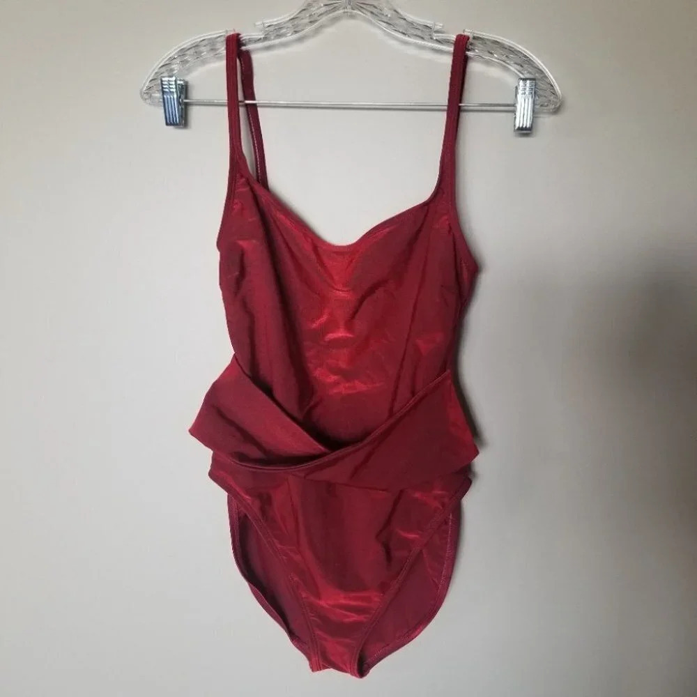 ANNE klein metallic red faux wrap one piece bathing suit - Picture 2 of 9